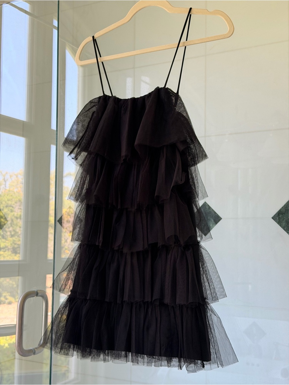 Black Tiered Ruffle Mini Dress with Spaghetti Straps